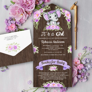 Invitación Todo En Uno Morado Floral Watercolor Elefante Madera Baby Show