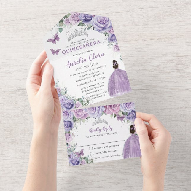 Invitación Todo En Uno Morado Lilac Lavender Floral Quinceanera Princesa (desgarro)