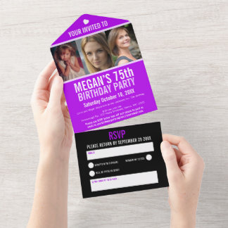 Invitación Todo En Uno Morado negro tres fotos 75ª fiesta de cumpleaños