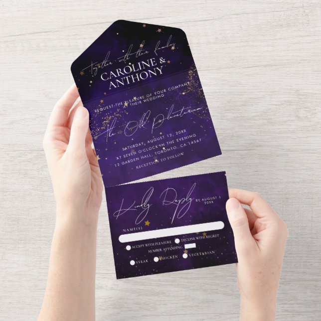 Invitación Todo En Uno Morado oscuro color de agua negro mágico Boda de o (desgarro)
