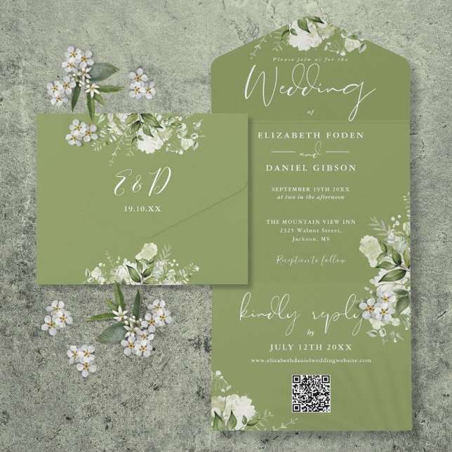 Invitación Todo En Uno Moss Green Floral Código QR Monograma Boda (Moss Green Floral QR Code Monogram Wedding All In One Invitation)