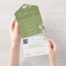Invitación Todo En Uno Moss Green Floral Monograma QR Boda de código