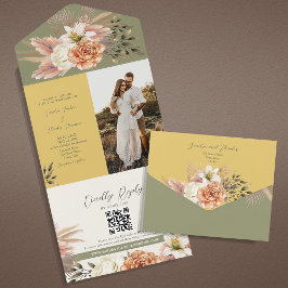 Invitación Todo En Uno Mostaza Verde Salvia Foto QR Boda