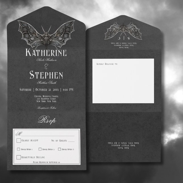 Invitación Todo En Uno Moth gótica Moody negro y blanco sin cena (Gothic Moth Moody Black & White All In One Wedding Invitation without Dinner Options)