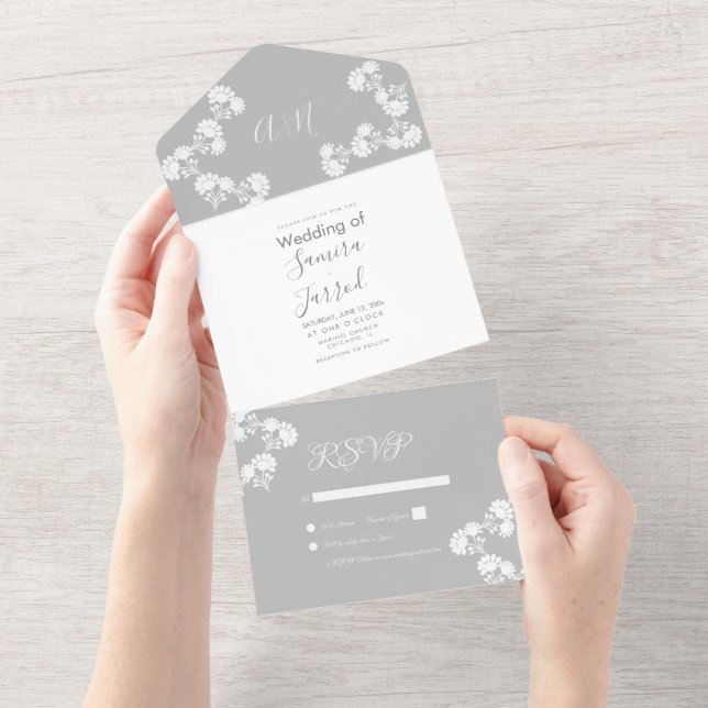 Invitación Todo En Uno Motivo Floral Gris Blanco Boda  (desgarro)