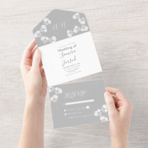 Invitación Todo En Uno Motivo Floral Gris Blanco Boda 