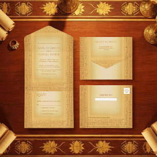 Invitación Todo En Uno Motivos Jeroglíficos de Oro Antiguo Boda Egipcia