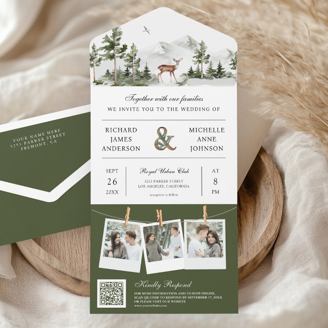 Invitación Todo En Uno Mountain Forest Deer QR Code Photo Collage Wedding (Subido por el creador)
