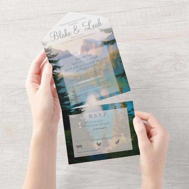 Invitación Todo En Uno Mountain Lake All in One Wedting RSVP (desgarro)