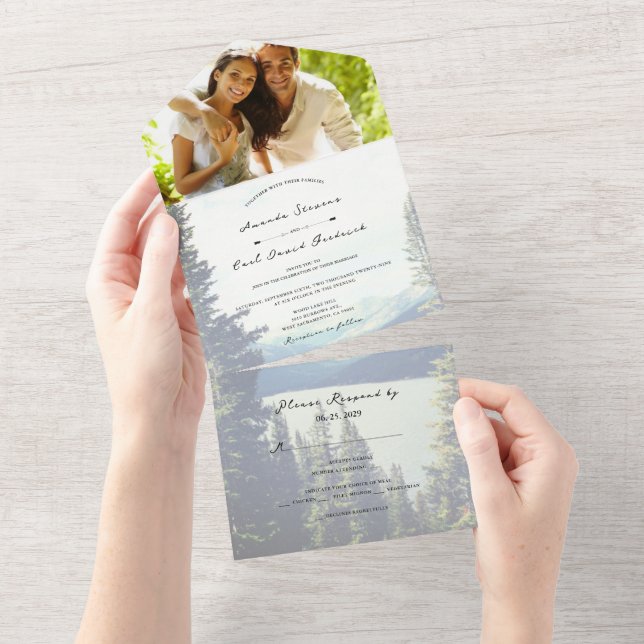 Invitación Todo En Uno ©Mountain Woodland Forest Lakeside Boda (desgarro)