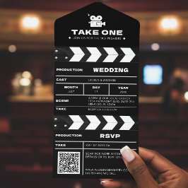 Invitación Todo En Uno Movie Film Clapboard QR Code Wedding