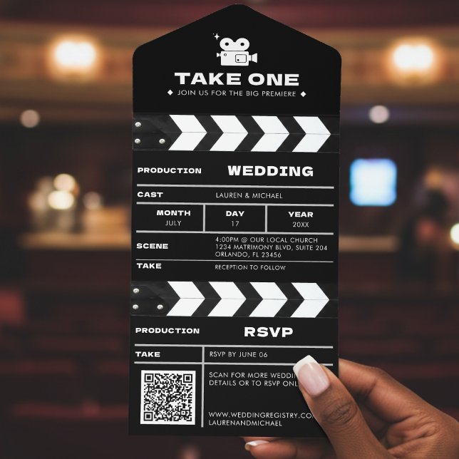 Invitación Todo En Uno Movie Film Clapboard QR Code Wedding (Subido por el creador)