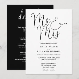 Invitación Todo en uno Mr y Mrs Chic Boda en negro y blanco