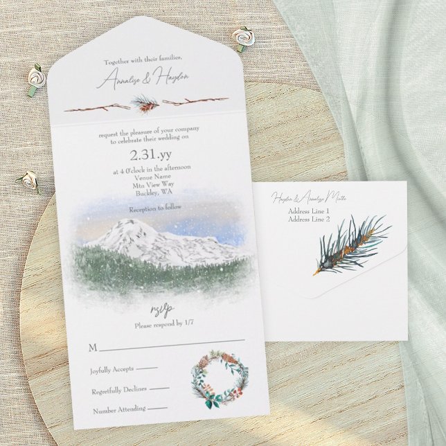 Invitación Todo En Uno Mt. Rainier, Snow, Pinecones, Pine Needles (Mt. Rainier, snow mountain wedding invitation card, pine trees, pacific northwest, winter wedding)