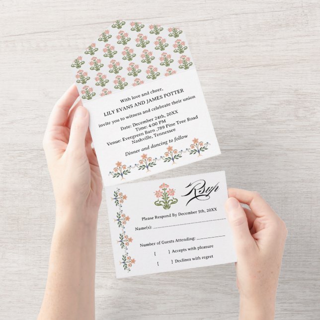 Invitación Todo En Uno Mughal Natural Motif Indian Wedding (desgarro)