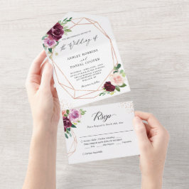Invitación Todo En Uno Mulberry Purple Rubor Floral Geométrico Boda