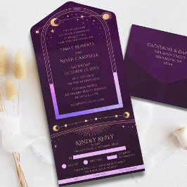 Invitación Todo En Uno Mystic Rainbow Deep Plum Sun Moon Stars Space