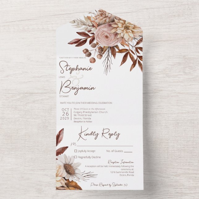 Invitación Todo En Uno N. Barre - Rústico Boho Rubor Neutrals Floral Whit (Interior)