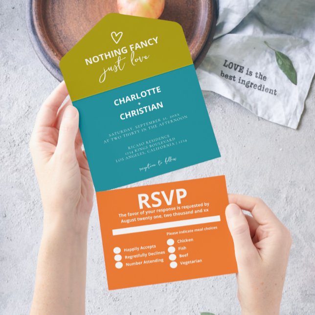Invitación Todo En Uno Nada de fantasía solo amar al Boda de Retro 70 (Nothing Fancy Just Love Retro 70s Wedding All In One Invitation from Ricaso. Colorful fun and bold)
