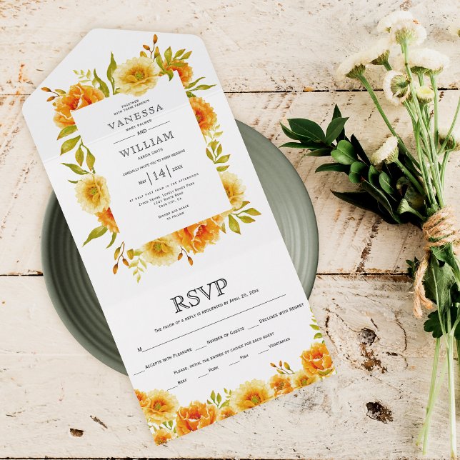 Invitación Todo En Uno Naranja acuarela borde floral boda de espiado (Subido por el creador)