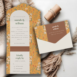 Invitación Todo En Uno Naranja amarillo Groovy Boda floral de arco retro