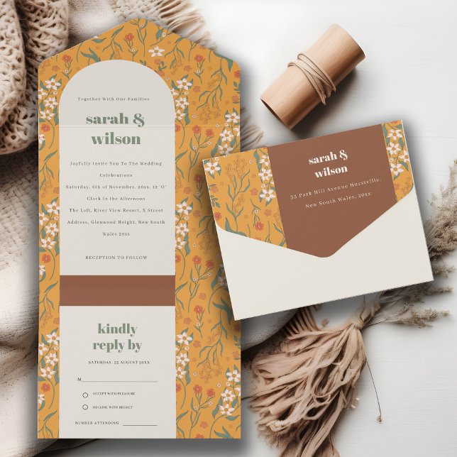 Invitación Todo En Uno Naranja amarillo Groovy Boda floral de arco retro (Subido por el creador)