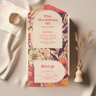 Invitación Todo En Uno Naranja amarillo rosado Boda Wildflowers