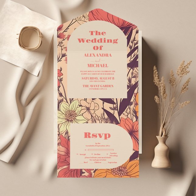 Invitación Todo En Uno Naranja amarillo rosado Boda Wildflowers (Subido por el creador)