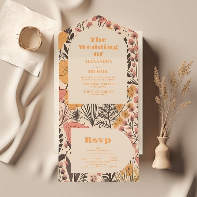 Invitación Todo En Uno Naranja amarillo rosado Boda Wildflowers (Subido por el creador)