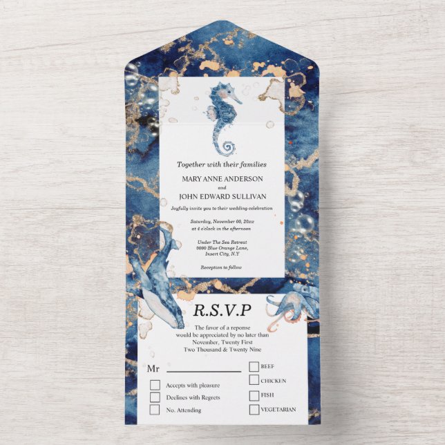 Invitación Todo En Uno Naranja azul caballito de mar ballena océano moda  (Interior)