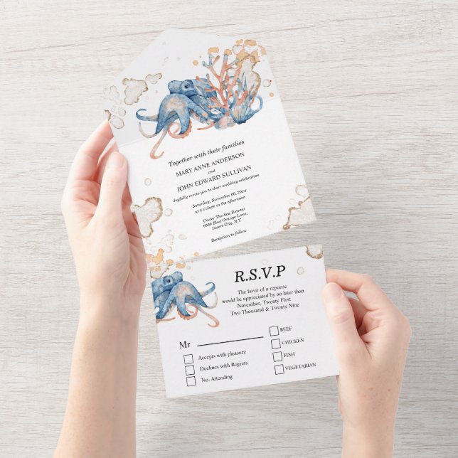 Invitación Todo En Uno Naranja azul octopus coral acuarela océano (desgarro)