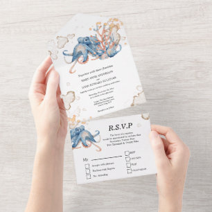 Invitación Todo En Uno Naranja azul octopus coral acuarela océano