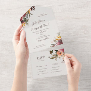 Invitación Todo En Uno Naranja Borgoña Floral   Sello Beige Y Envío