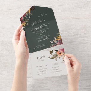Invitación Todo En Uno Naranja Borgoña Floral Sello verde y envío