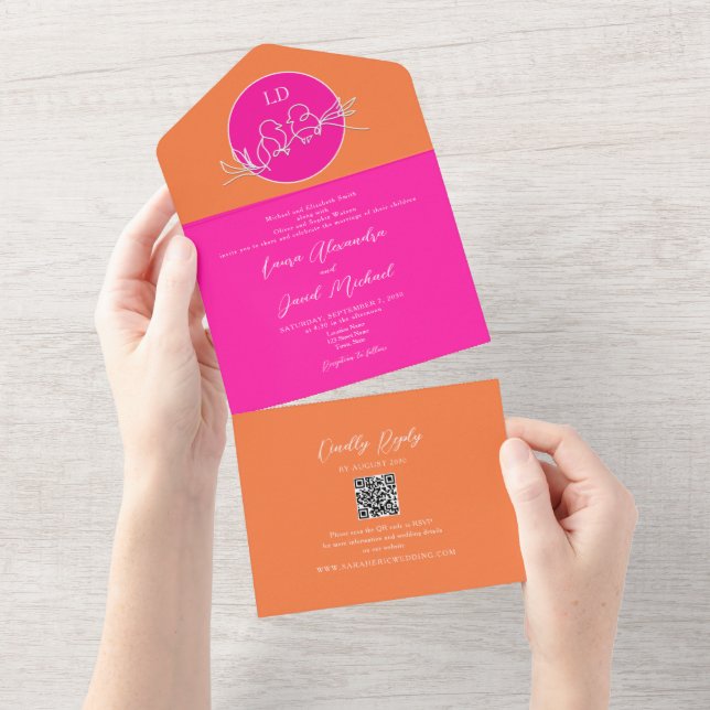 Invitación Todo En Uno Naranja brillante y Boda rosa (desgarro)