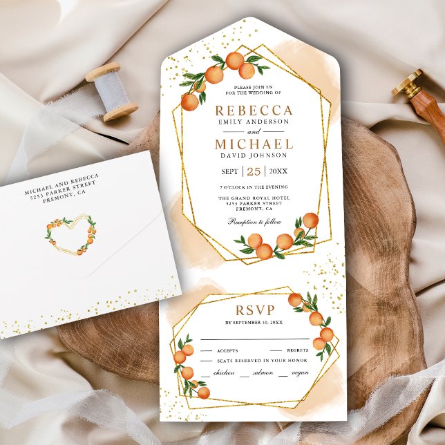 Invitación Todo En Uno Naranja Cítrico Mandarina Marco Dorado Boda (Subido por el creador)
