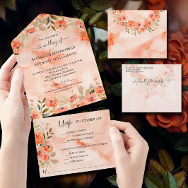 Invitación Todo En Uno Naranja de acuarela Boda floral