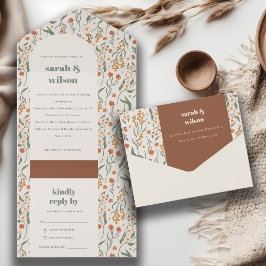 Invitación Todo En Uno Naranja de roya Groovy Boda floral de arco retro