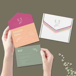 Invitación Todo En Uno Naranja de sabios y Boda moderno rosa Fuschia
