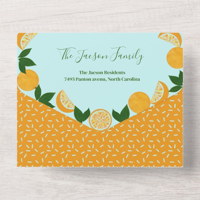 Invitación Todo En Uno Naranja Fiesta Fruit Fresh Baby Shower (Reverso )