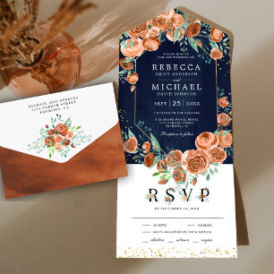 Invitación Todo En Uno Naranja Floral Naval Tierra Moderna Quemada Boda