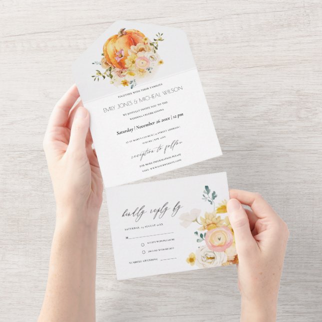 Invitación Todo En Uno Naranja floral rústico Boda de calabaza otoñal (desgarro)