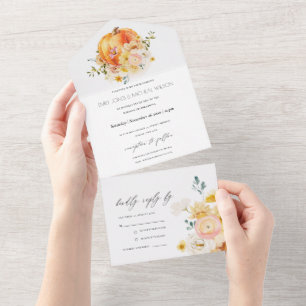 Invitación Todo En Uno Naranja floral rústico Boda de calabaza otoñal
