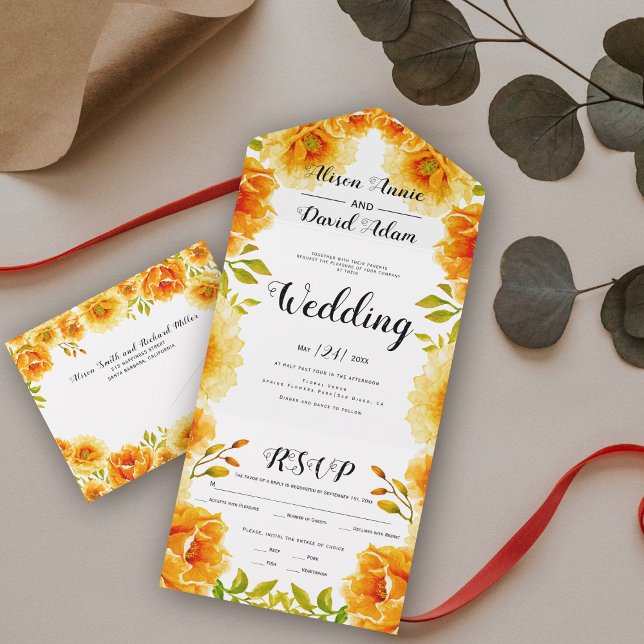 Invitación Todo En Uno Naranja flores acuarelas caída boda (Subido por el creador)