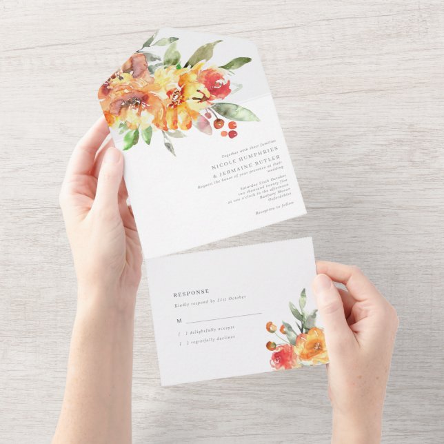 Invitación Todo En Uno Naranja Flores de acuarela Boda Caída (desgarro)