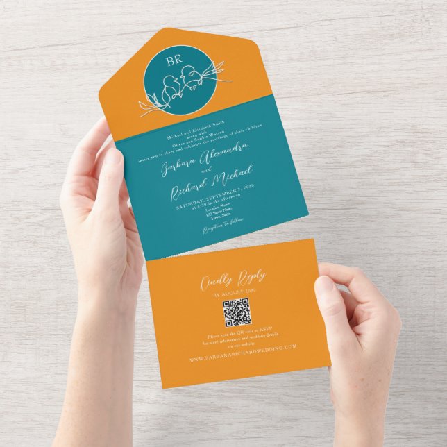 Invitación Todo En Uno Naranja moderno y Boda Verde azulado (desgarro)