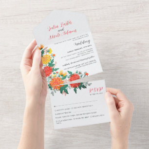 Invitación Todo En Uno Naranja Pastel Primavera Amarilla Dahlia Boda