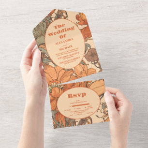 Invitación Todo En Uno Naranja quemada Boda de Art Nouveau floral