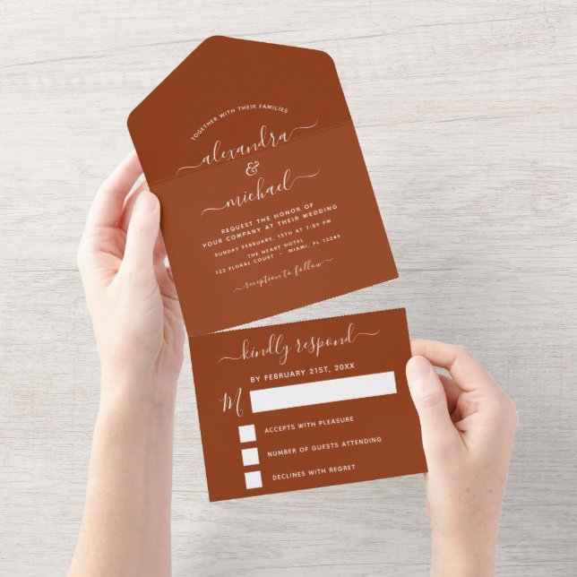Invitación Todo En Uno Naranja Quemado boda Boho Terracotta (desgarro)