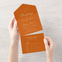 Invitación Todo En Uno Naranja quemado boda Elegante caligrafía RSVP